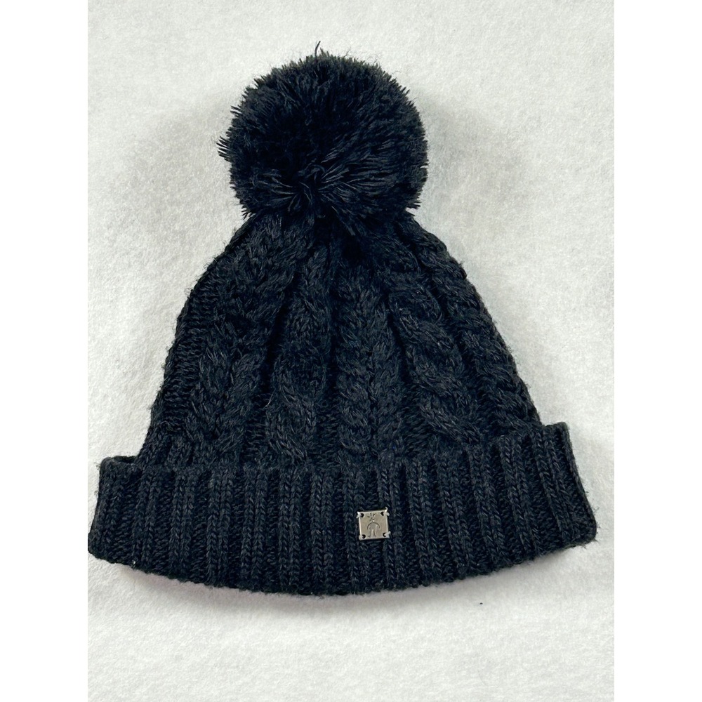 Smartwool Womens Black Cable Knit Merino Wool Blend Pom Pom Beanie Hat